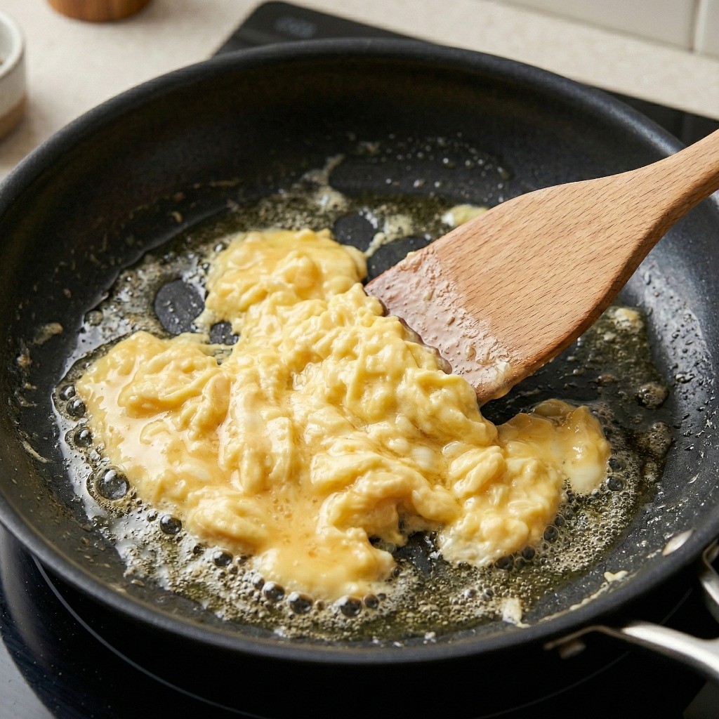백종원 라면볶음 2단계: 식용유를 두른 프라이팬에 계란을 넣어 스크램블 에그를 볶는 조리 과정