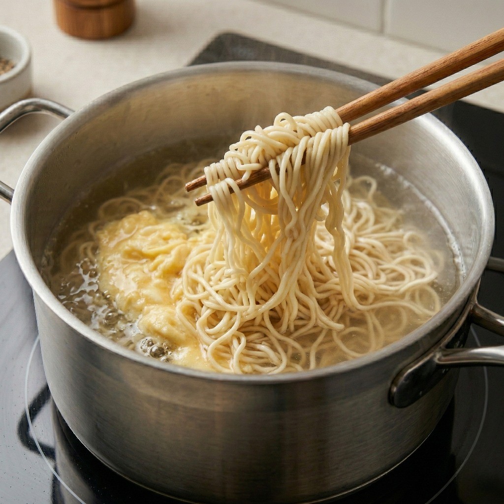 백종원 라면볶음 3단계: 살짝 데친 라면 면을 계란이 볶아진 프라이팬으로 옮겨 담는 모습