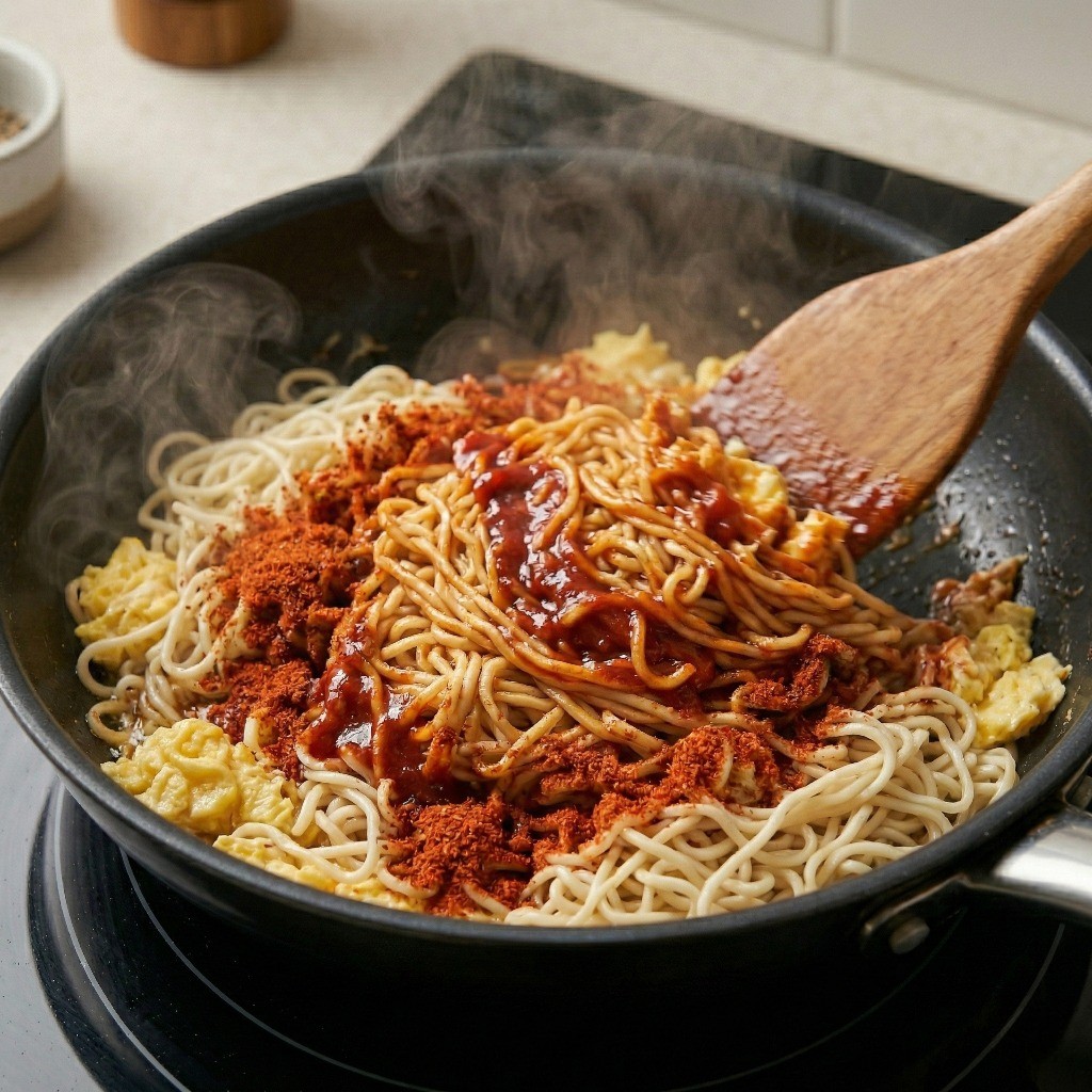 백종원 라면볶음 4단계: 프라이팬의 라면 면과 계란 위에 분말 스프와 건더기 스프를 넣고 볶는 모습