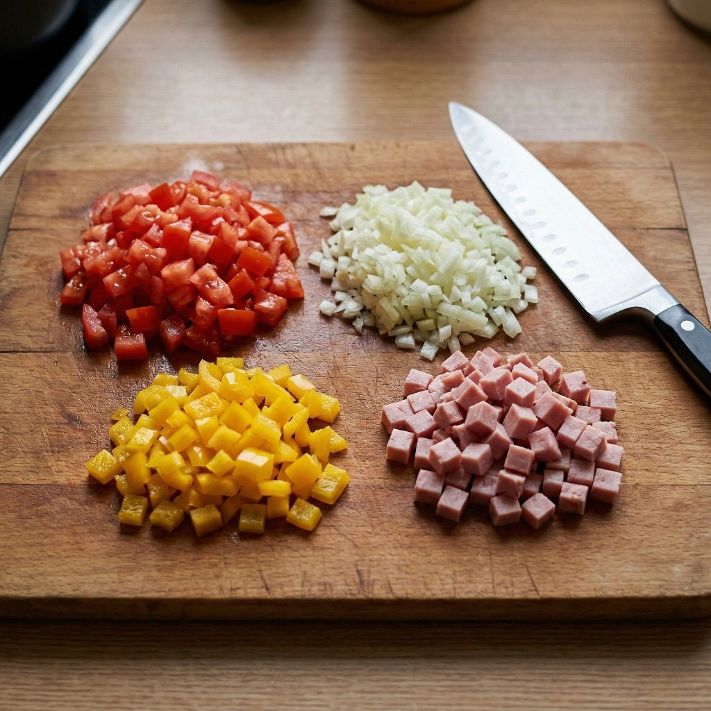 에그인헬 재료 준비: 토마토, 양파, 파프리카, 통조림 햄 깍둑썰기