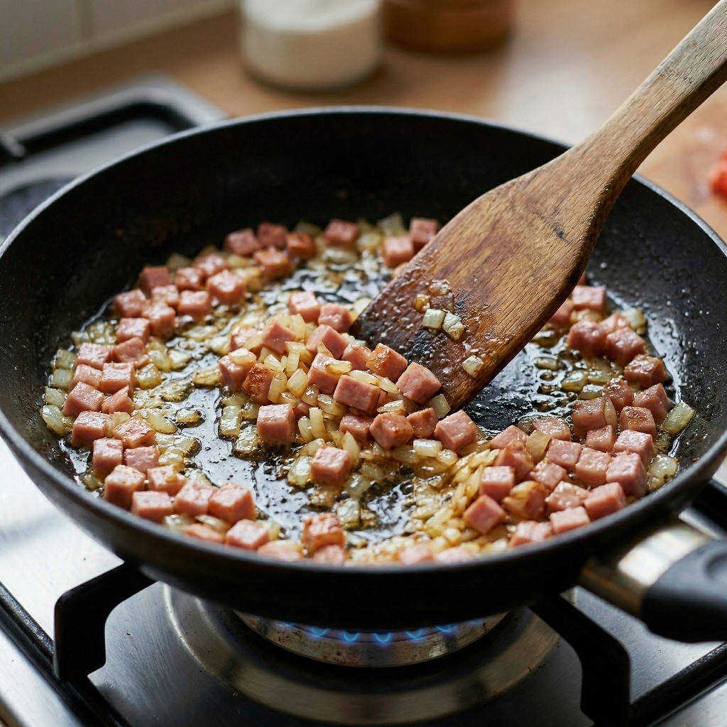 에그인헬 조리 과정: 프라이팬에 통조림 햄과 양파 노릇하게 볶기