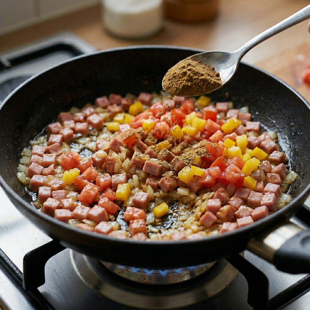 에그인헬 핵심 비법: 볶은 채소에 큐민 가루(양꼬치 가루) 넣어 향 입히기