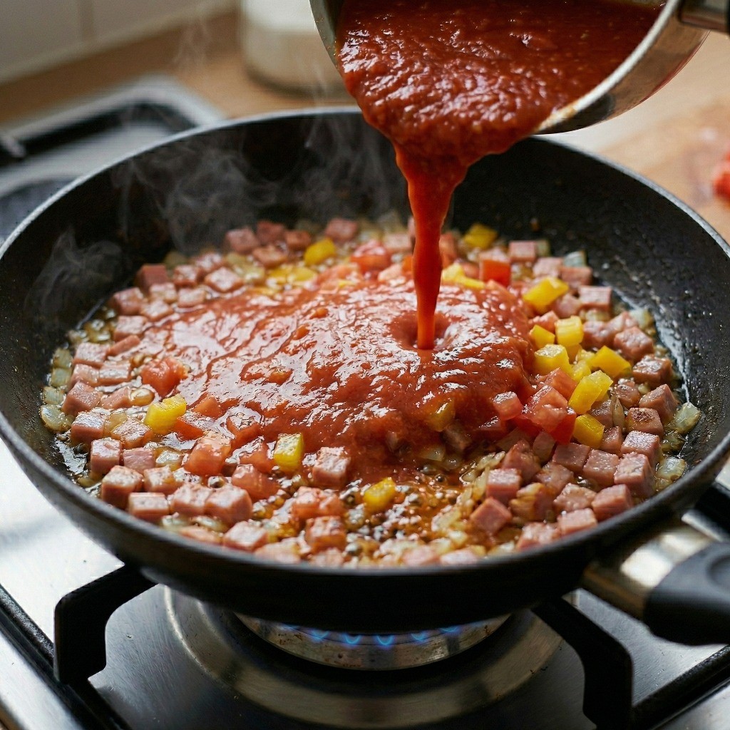 에그인헬 소스 만들기: 고춧가루, 간장 양념과 시판 토마토 파스타 소스 끓이기