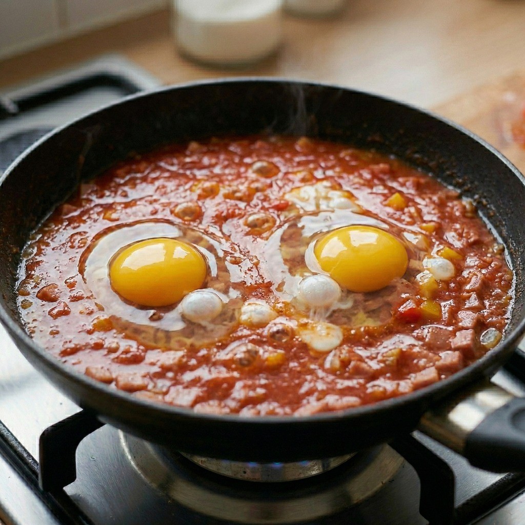 에그인헬(삭슈카) 마무리: 끓는 토마토 소스 위에 달걀 톡 떨어뜨려 반숙으로 익히기