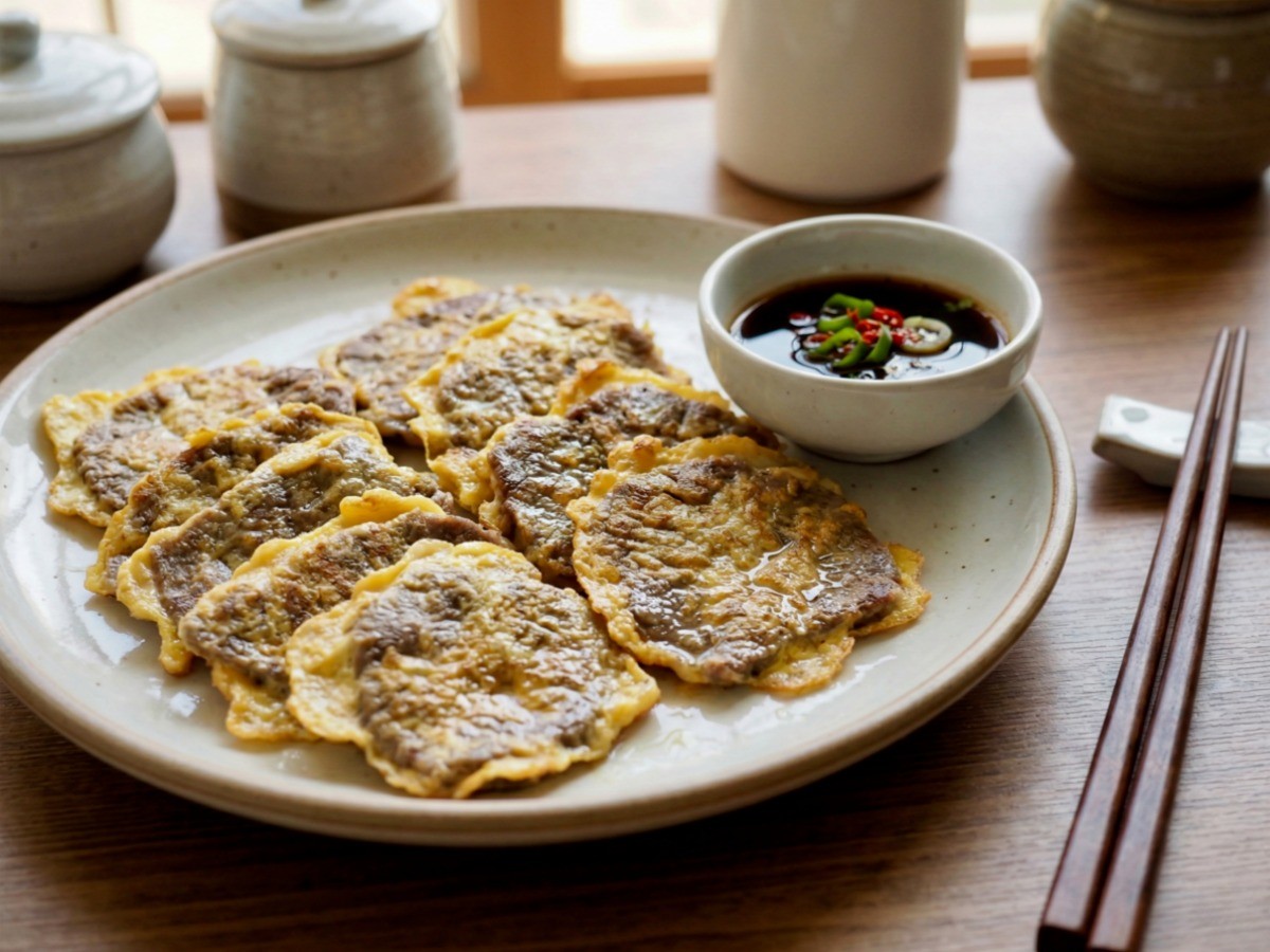 백종원 레시피로 노릇노릇하게 구워낸 초간단 소고기 육전 완성 모습