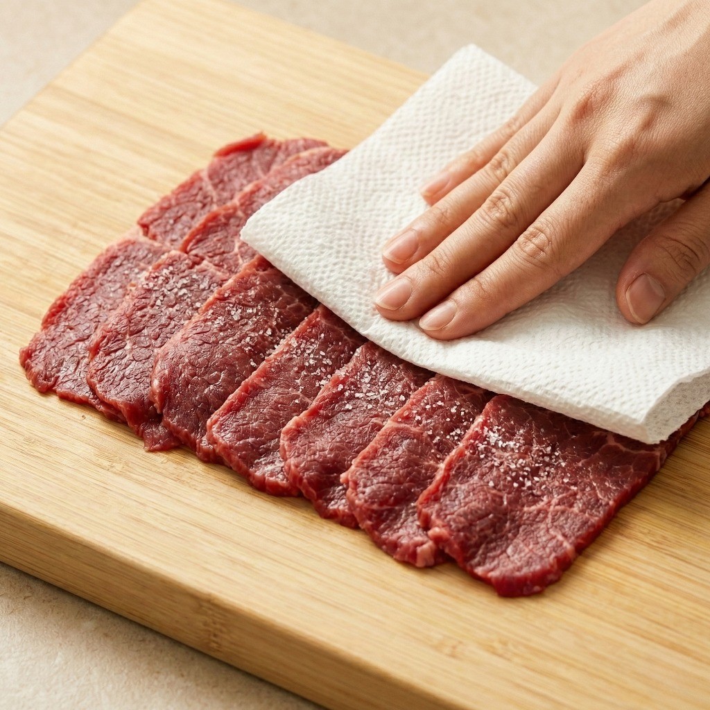 백종원 소고기 육전 만들기 1단계: 핏물을 제거하고 맛소금으로 밑간한 소고기 목등심 슬라이스