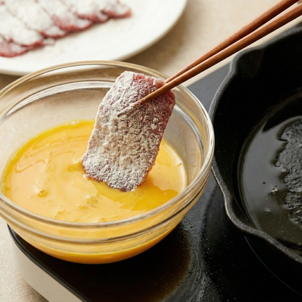 백종원 소고기 육전 만들기 3단계: 부침가루를 묻힌 고기에 달걀물을 듬뿍 입혀 프라이팬에 올리는 조리 과정