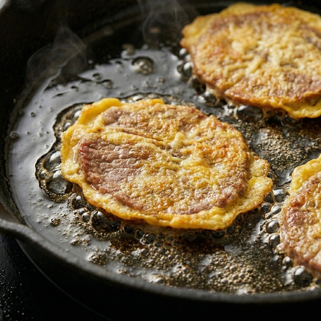 백종원 소고기 육전 만들기 4단계: 기름을 두른 프라이팬에서 중약불로 노릇노릇하게 구워지는 소고기 육전