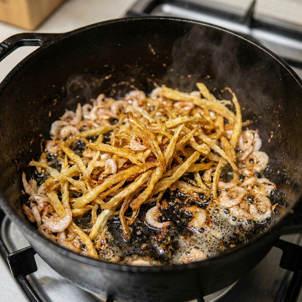백종원 북어 해장라면 끓이는 법 - 들기름에 북어포와 새우젓을 노릇하게 볶는 과정