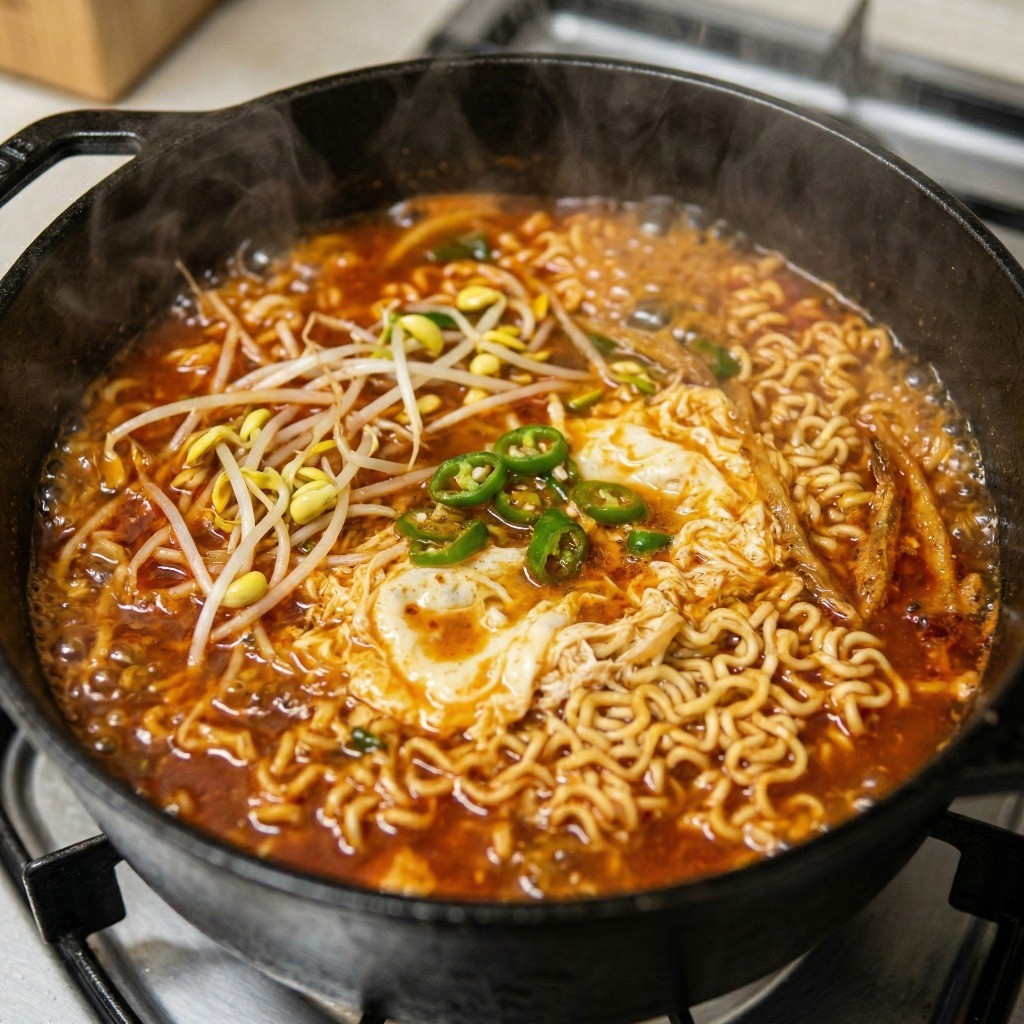 백종원 북어 해장라면 완성 - 콩나물과 청양고추가 들어가 얼큰하고 시원한 북어라면