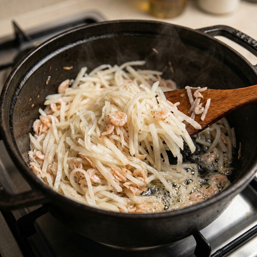 백종원 무파라면 레시피 - 들기름에 새우젓과 채 썬 무를 달달 볶아 시원한 맛을 내는 과정