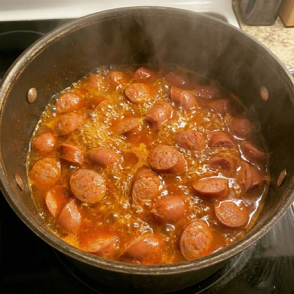 백종원 소세지 라면 끓이는 법 - 사선으로 썬 프랑크 소세지와 라면 스프를 먼저 끓여 국물을 내는 과정