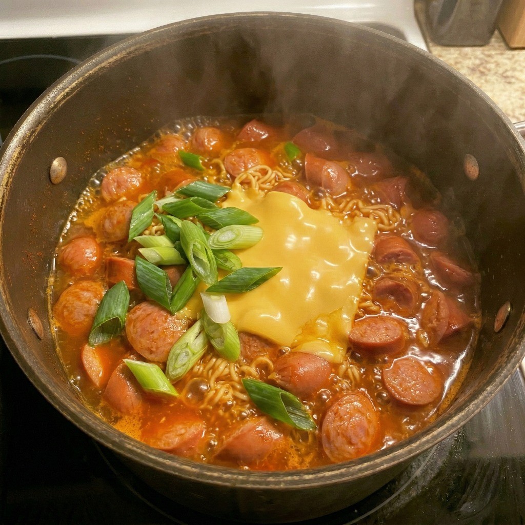 백종원 소세지 라면 완성 - 굵게 썬 파와 슬라이스 치즈가 올라간 부대찌개 스타일 소세지 라면