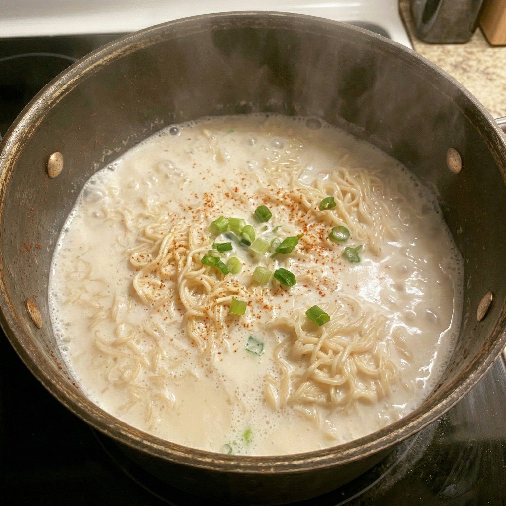 백종원 우유라면 완성 - 우유와 고춧가루를 넣어 꾸덕하고 고소한 투움바 파스타 스타일 라면