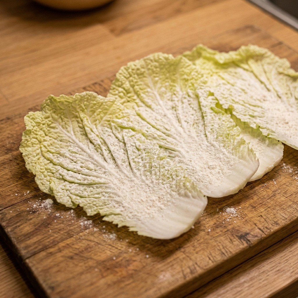 백종원 배추전 레시피 1단계: 알배추 줄기 펴기 및 부침가루 밑간하기
