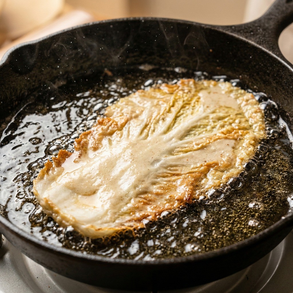 백종원 배추전 레시피 4단계: 식용유를 두른 프라이팬에 바삭하고 노릇하게 알배추전 굽기