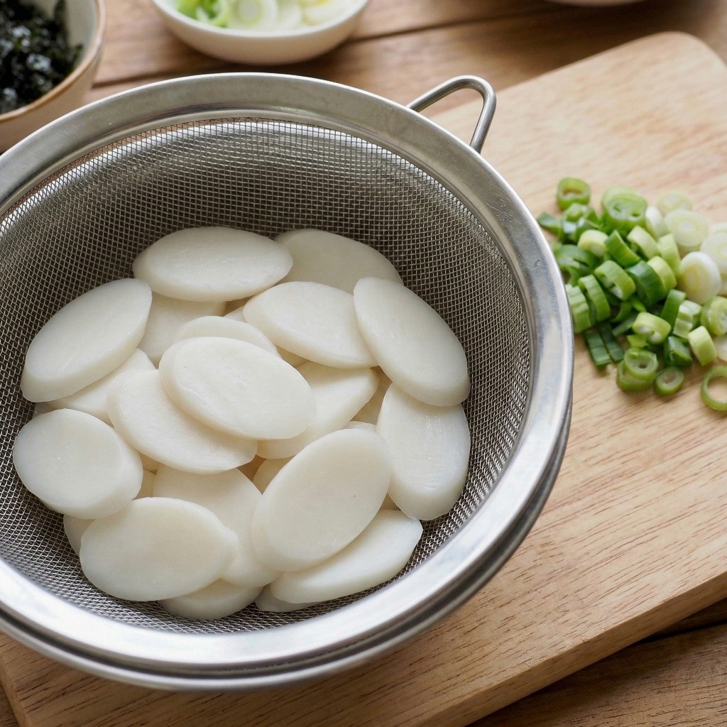 백종원 소고기 떡국 재료 대파 송송 썰기 및 떡국 떡 씻기 준비 과정