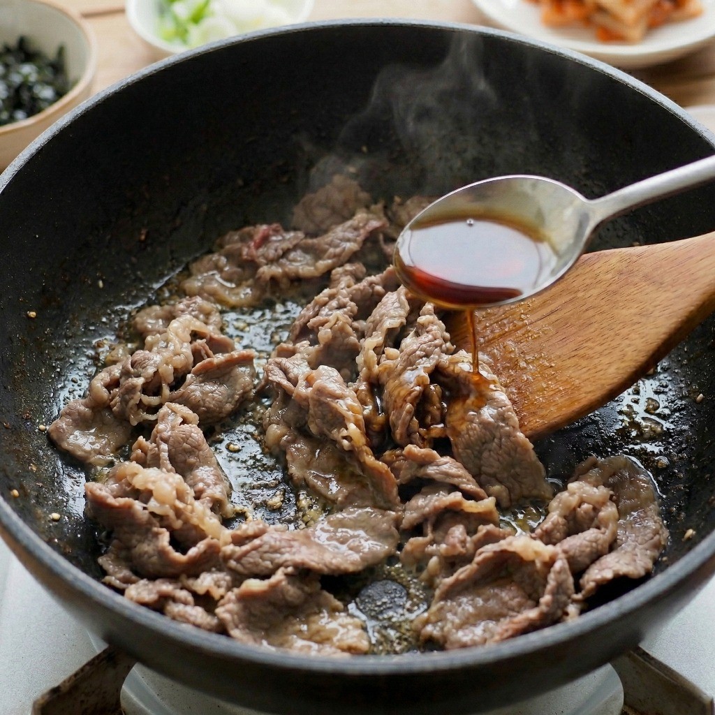 볶은 소고기에 멸치액젓을 넣어 감칠맛을 코팅하는 떡국 레시피 핵심 단계