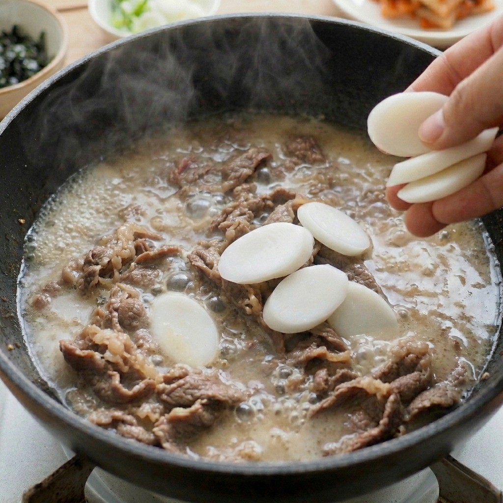 소고기를 볶은 냄비에 물 1.5L를 붓고 씻어둔 떡국 떡을 넣고 끓이는 모습