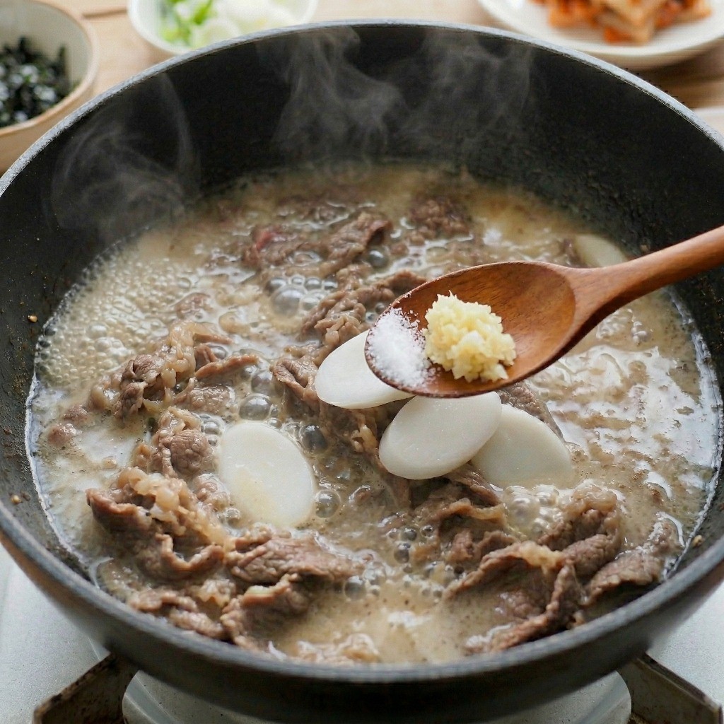 다시다, 국간장, 다진 마늘, 소금으로 소고기 떡국 국물 간을 맞추는 과정