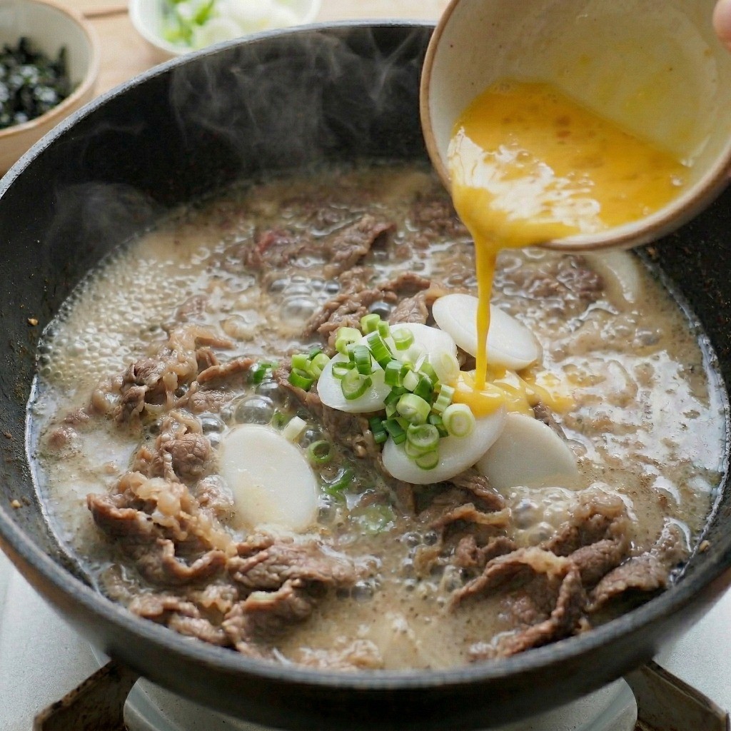 끓어오르는 떡국에 푼 달걀과 송송 썬 대파를 넣어 소고기 떡국을 완성하는 모습