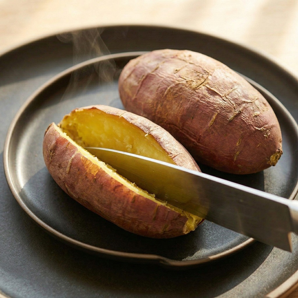 삶은 고구마 2개를 반으로 가르고 버터 넣을 공간을 만드는 과정