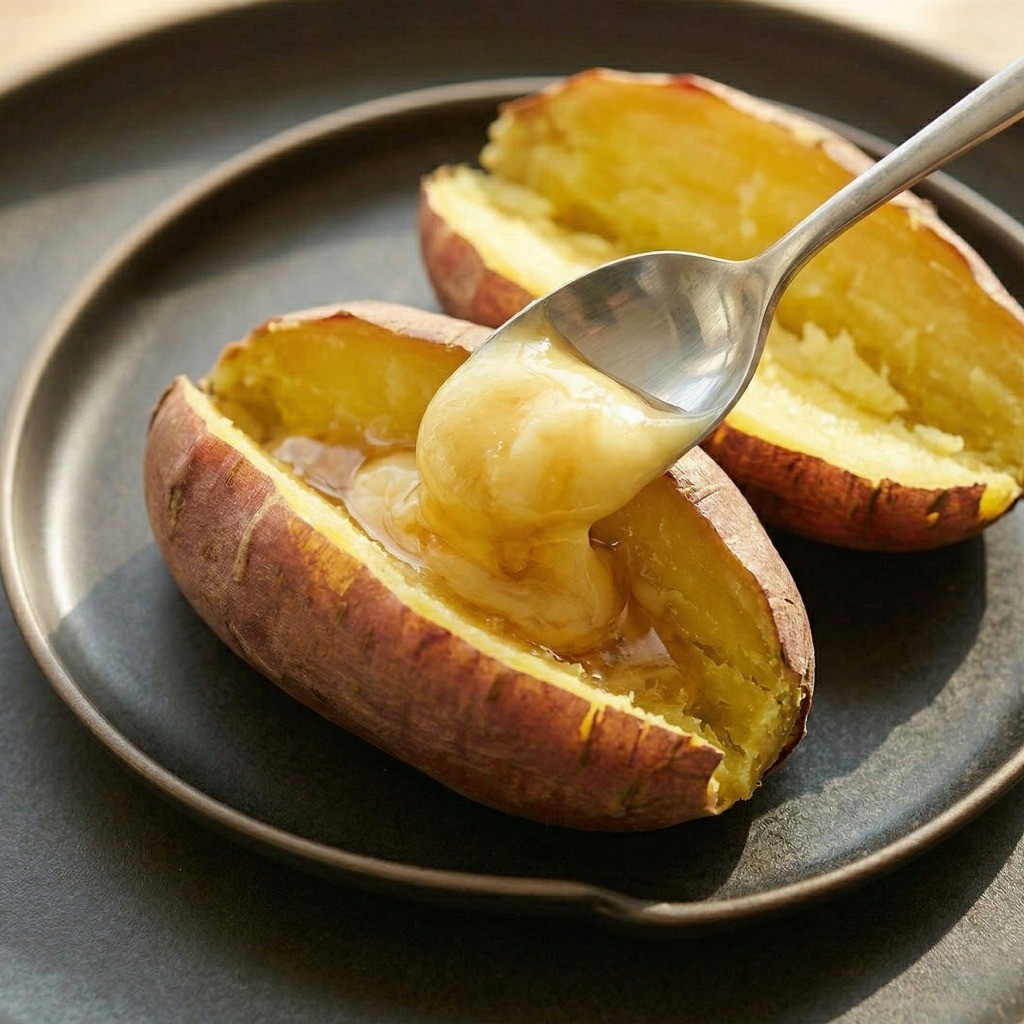 고구마 속에 달콤한 허니버터 소스를 듬뿍 채우는 모습