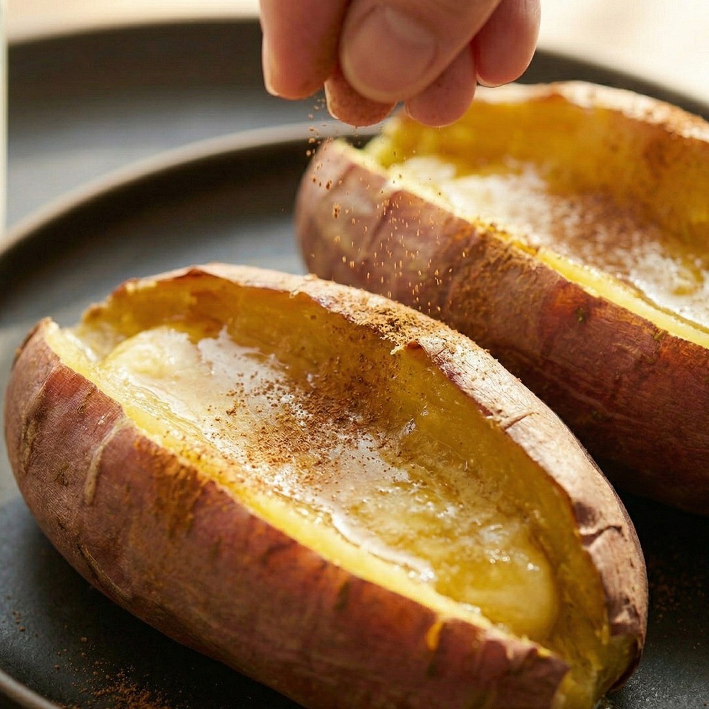 완성된 허니버터 고구마 위에 시나몬 파우더를 뿌려 마무리하는 사진