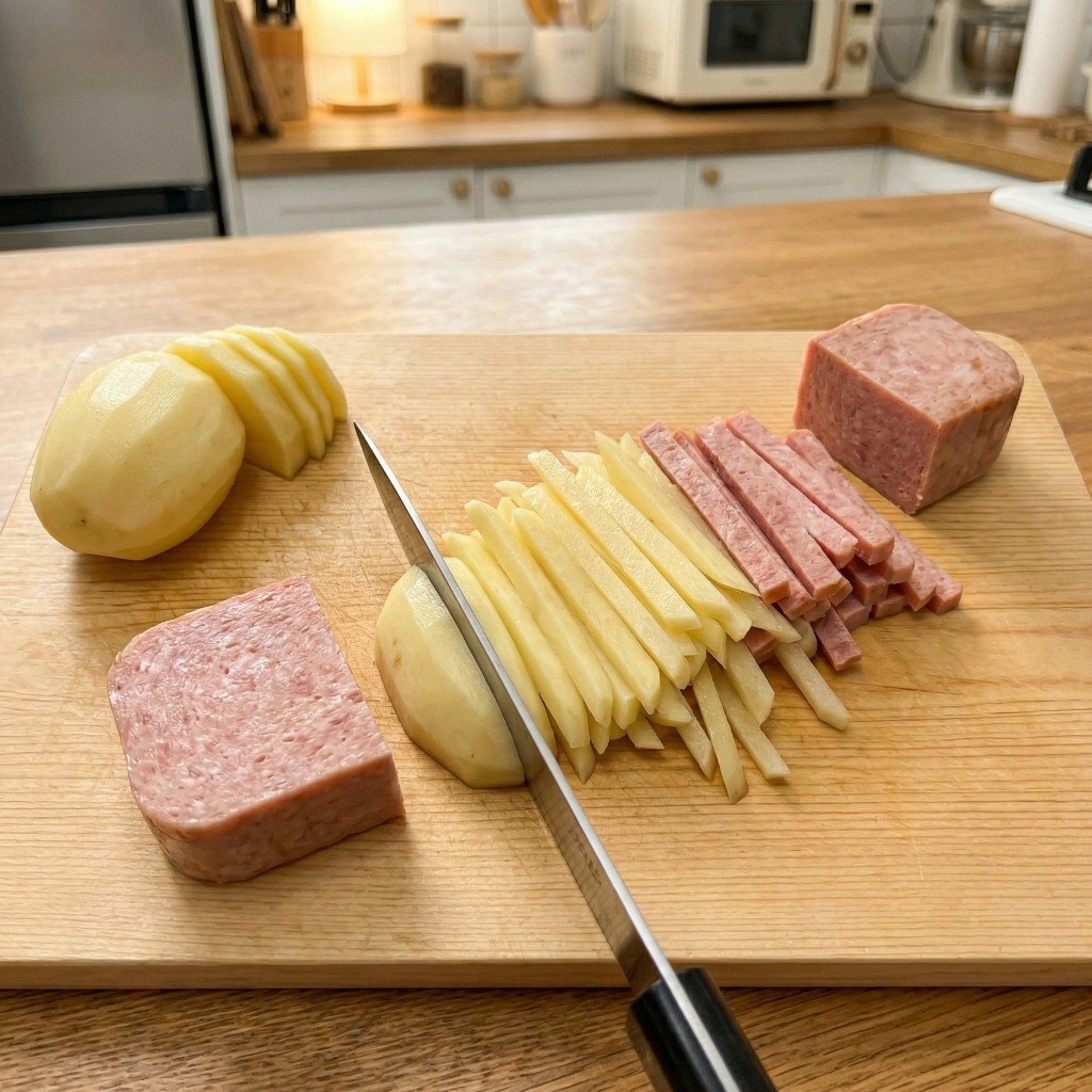 햄감자채볶음 재료 준비 - 감자와 통조림 햄 일정한 크기로 채 썰기