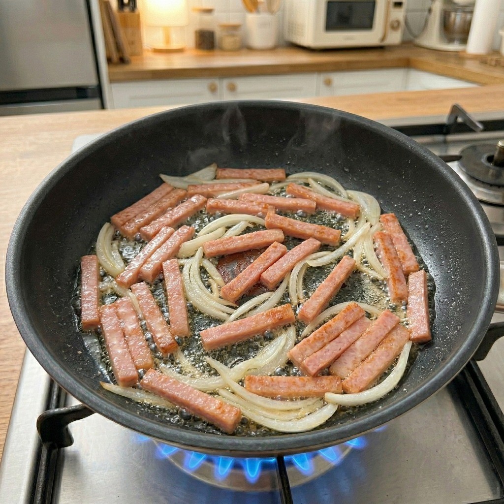 백종원 레시피 꿀팁 - 기름 두른 팬에 통조림 햄과 양파 먼저 볶기