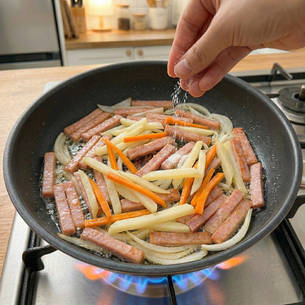 햄감자채볶음 조리 과정 - 데친 감자와 당근을 넣고 소금으로 간 맞추기