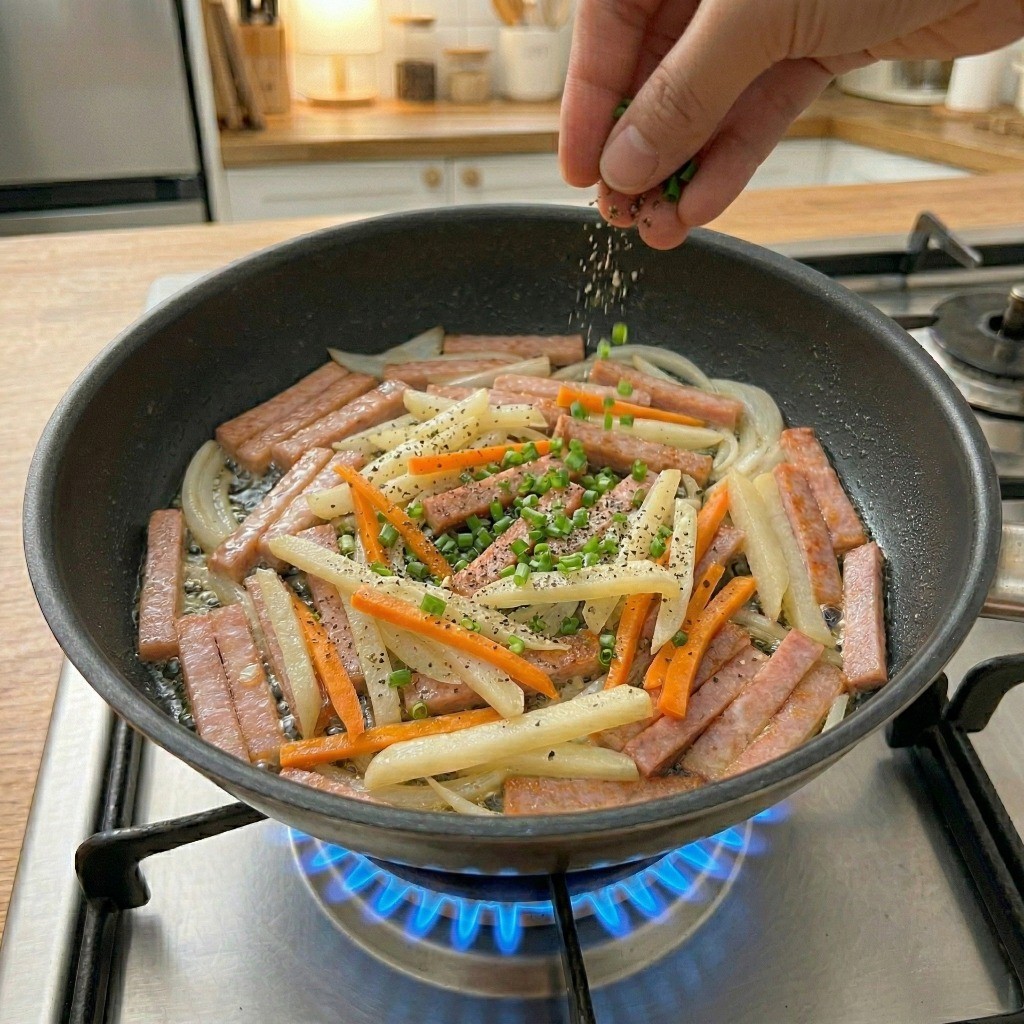 맛있는 밑반찬 햄감자채볶음 완성 - 후춧가루와 대파 넣어 풍미 더하기