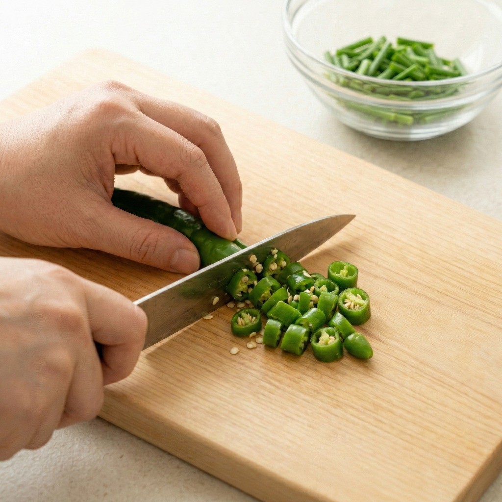 백종원 달래장 레시피 2단계: 매콤한 맛을 내기 위해 청양고추를 잘게 써는 과정