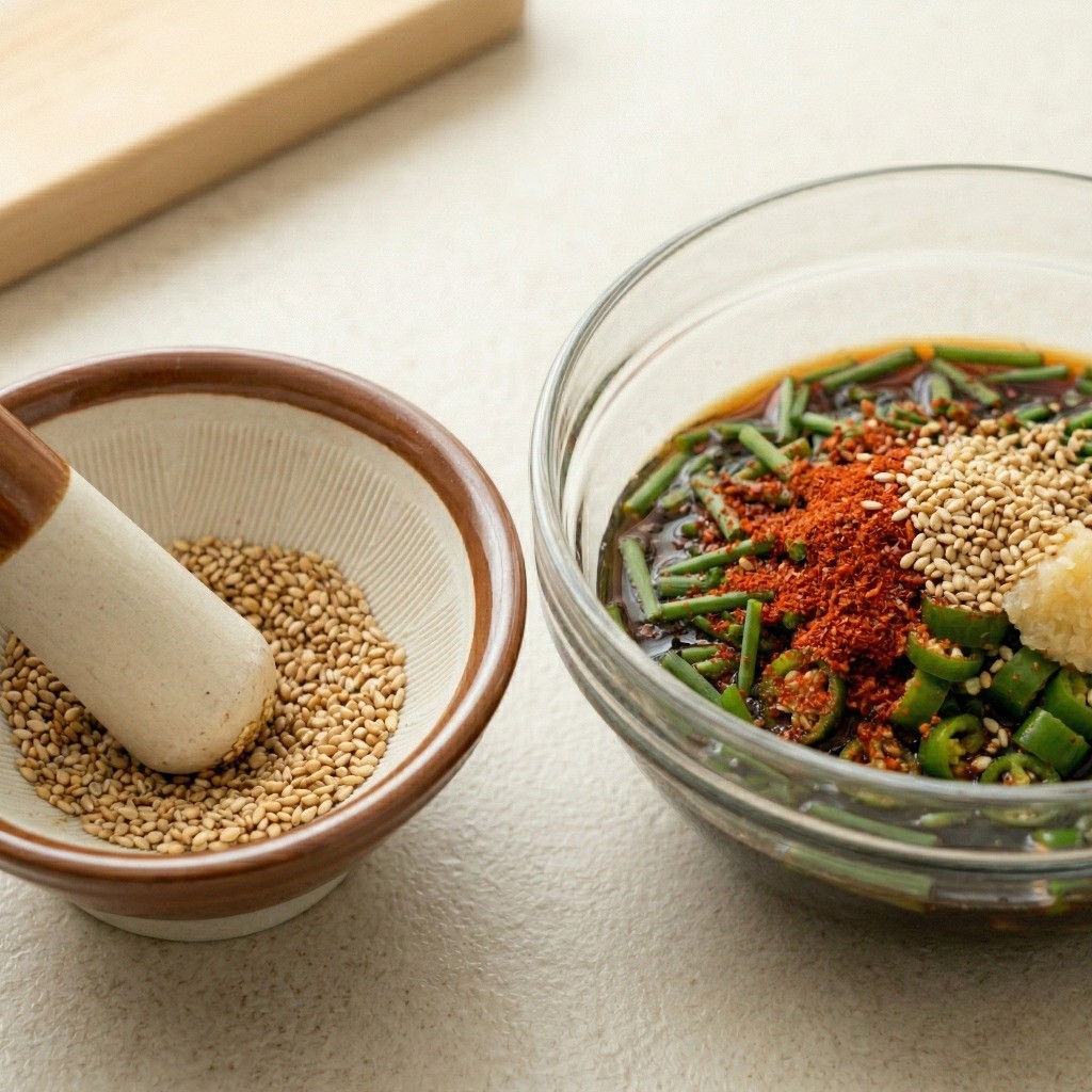 백종원 달래장 레시피 4단계: 달래간장의 풍미를 높여줄 고춧가루와 곱게 빻은 깻가루를 넣는 모습