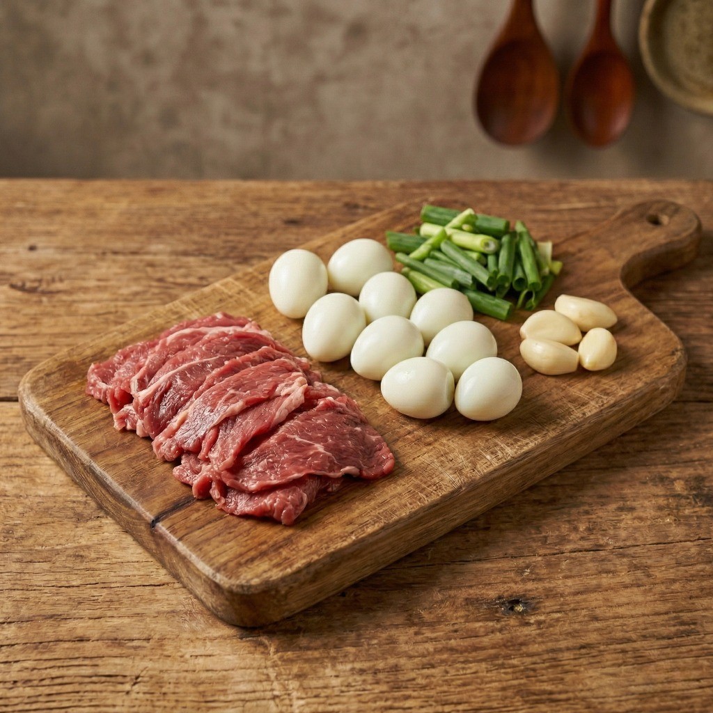 소고기 메추리알 장조림 재료인 얇은 불고기거리, 대파, 꽈리고추 손질 과정