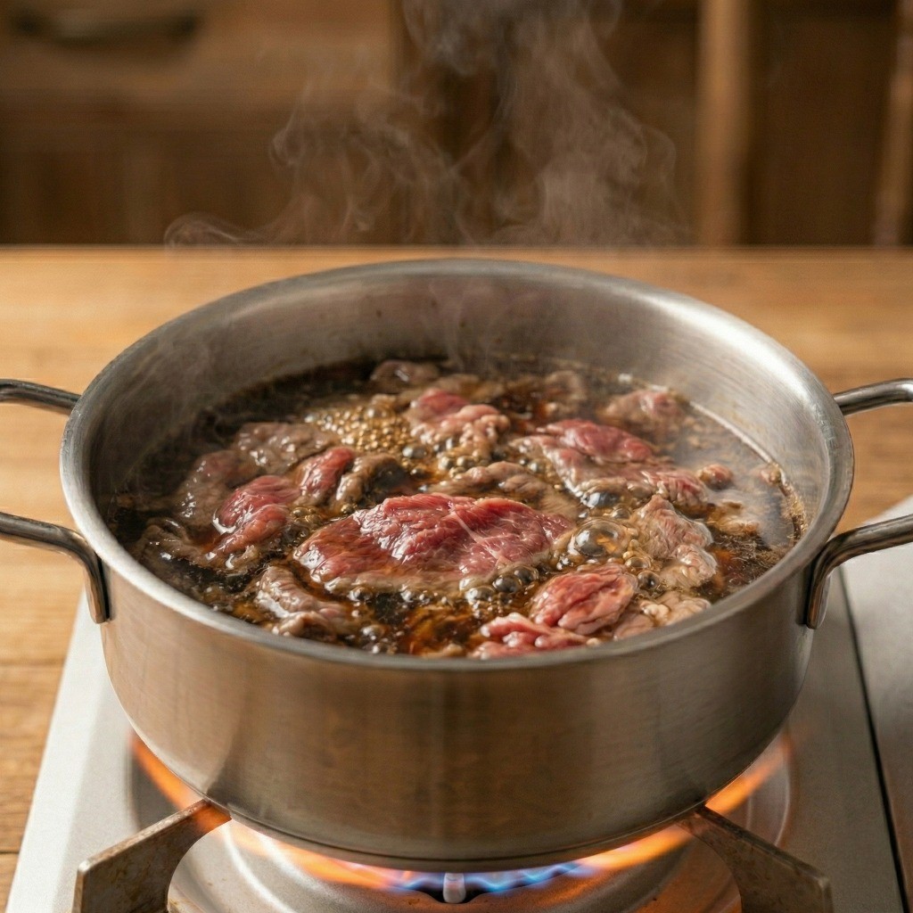 소고기 불고기거리를 장조림 간장 양념에 넣고 끓이는 과정