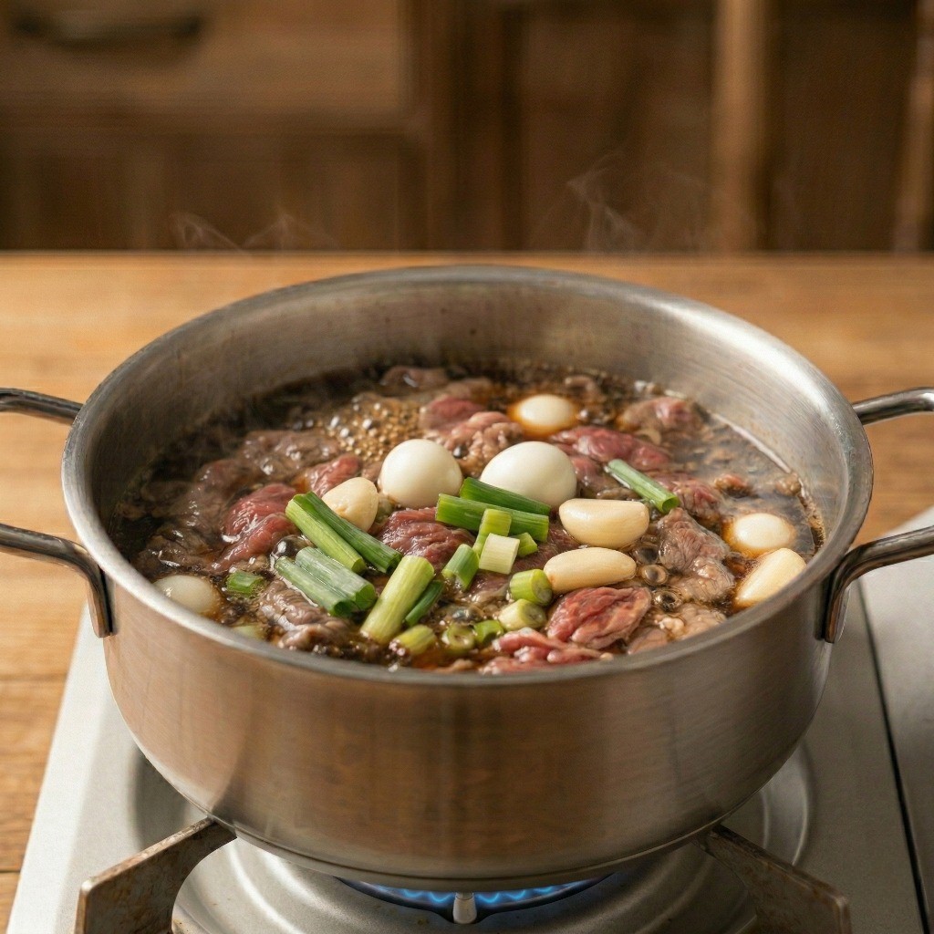 깐 메추리알, 대파, 통마늘을 넣고 간장 양념에 졸이는 메추리알 장조림