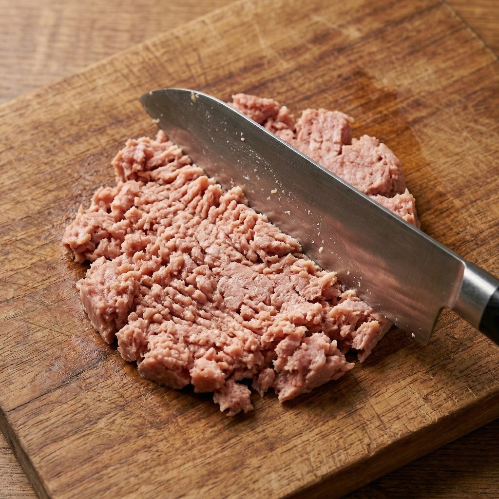 통조림 햄을 칼등으로 잘게 으깨는 조리 과정