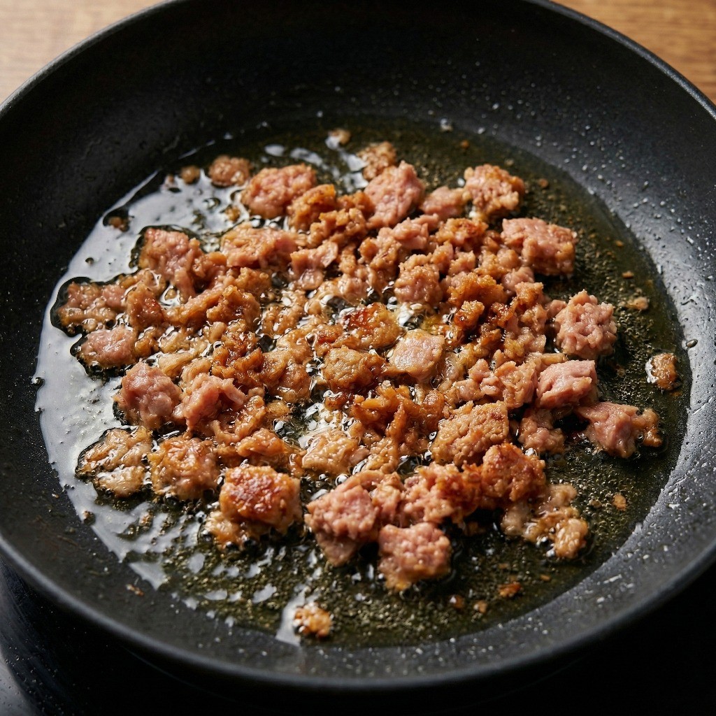 팬에서 으깬 햄을 노릇하게 볶아 기름을 내는 과정