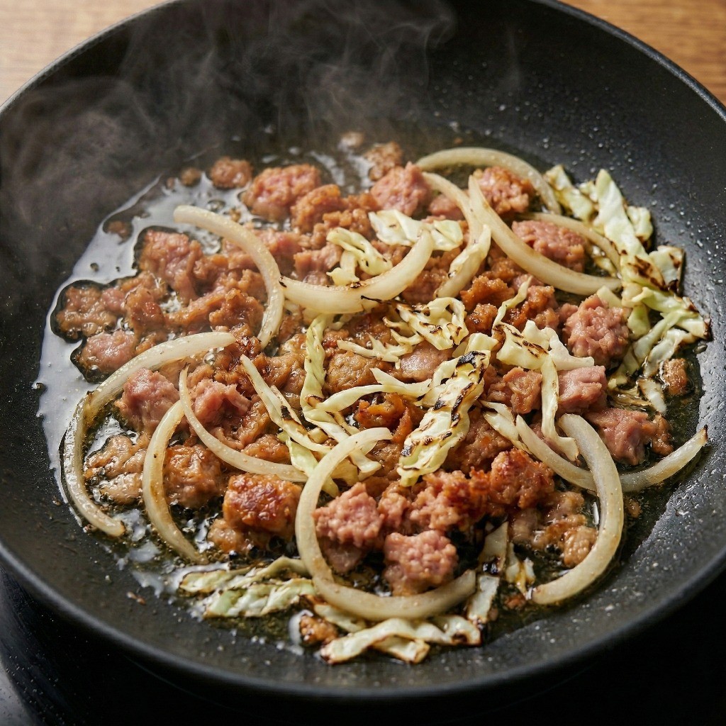 양파, 양배추, 대파를 넣고 강불에서 채소를 볶아 불맛을 입히는 단계