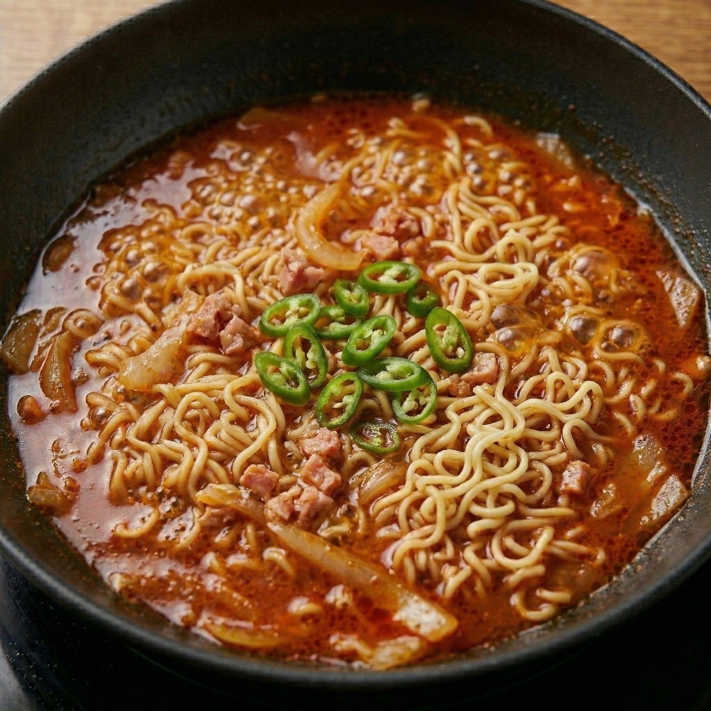 생수를 붓고 라면 면발과 청양고추를 넣어 끓이는 최종 조리 단계