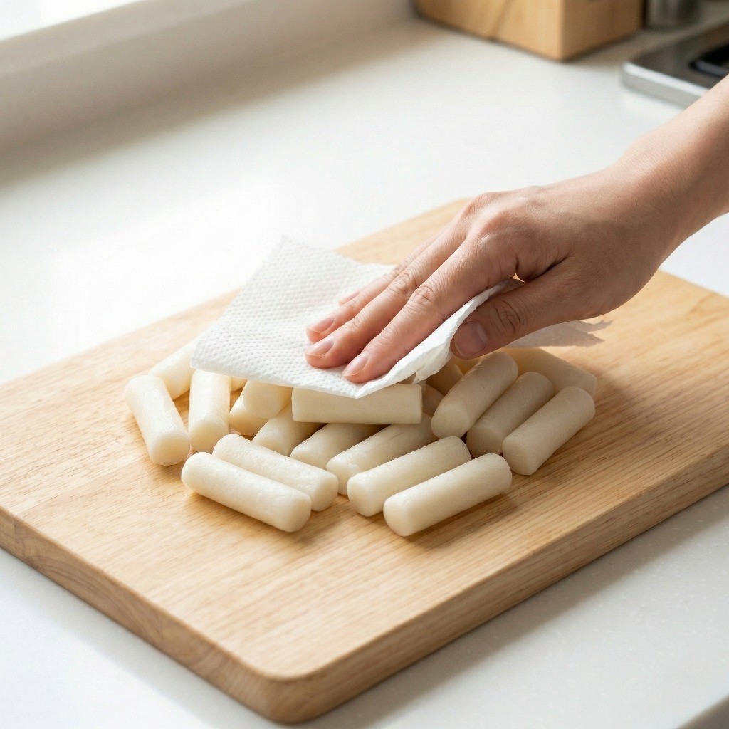 백종원 떡어묵꼬치 만들기 - 밀떡볶이떡을 씻어 키친타월로 물기를 꼼꼼히 제거하는 과정