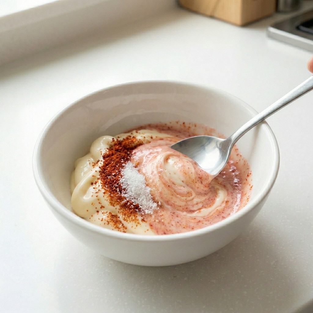 마요네즈, 설탕, 식초, 고춧가루를 섞어 만드는 백종원 표 떡꼬치 특제 소스 배합 과정