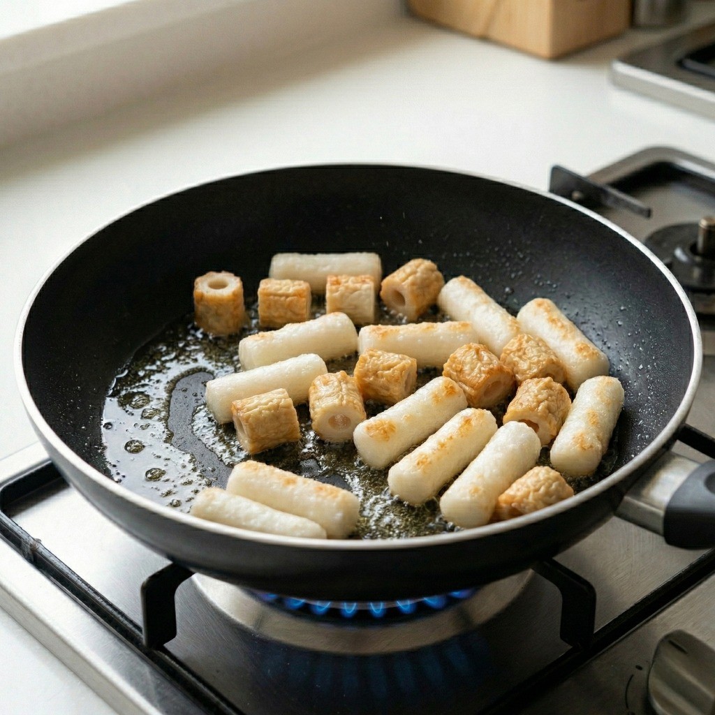 프라이팬에 식용유를 두르고 밀떡과 어묵을 노릇하고 바삭하게 튀기듯 굽는 조리 단계