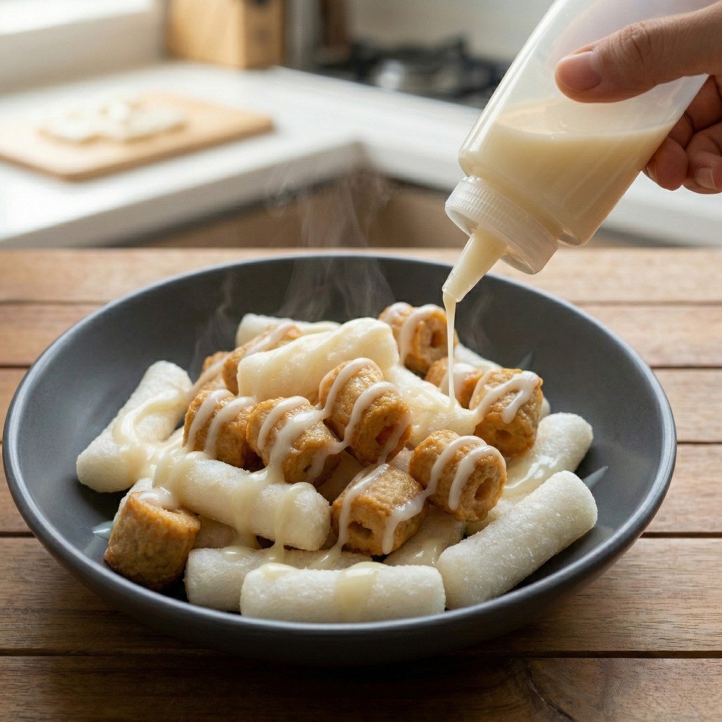 바삭하게 구워진 떡어묵꼬치 위에 달콤한 연유를 듬뿍 뿌려 마무리하는 최종 단계