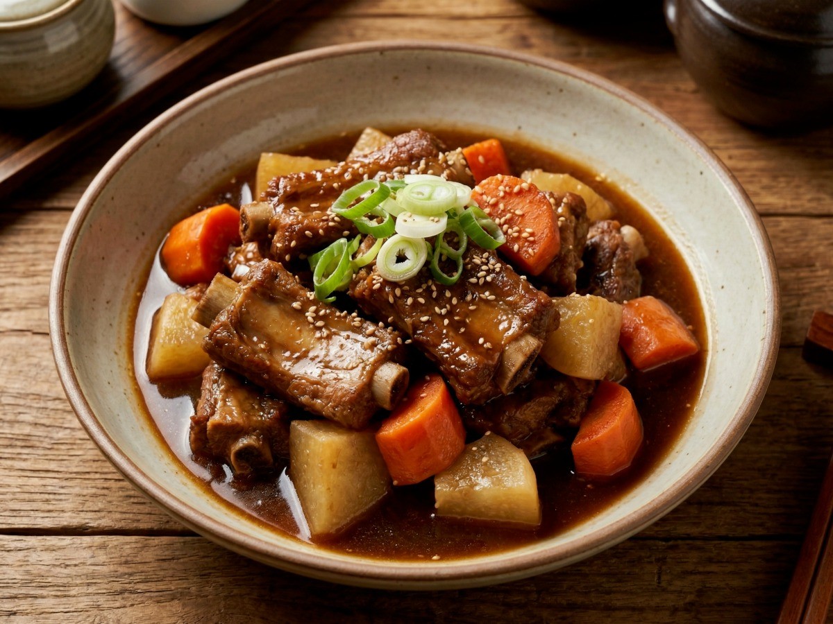 백종원 돼지갈비찜 완성 - 간장 양념으로 윤기가 흐르는 먹음직스러운 돼지갈비 요리