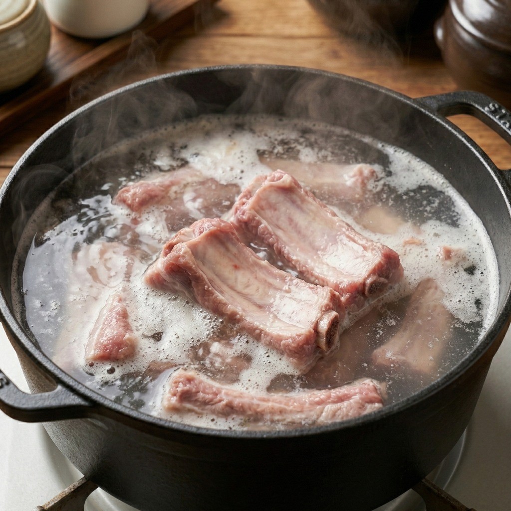 돼지갈비 핏물 빼기 및 잡내 제거를 위해 끓는 물에 5분간 고기를 데치는 과정