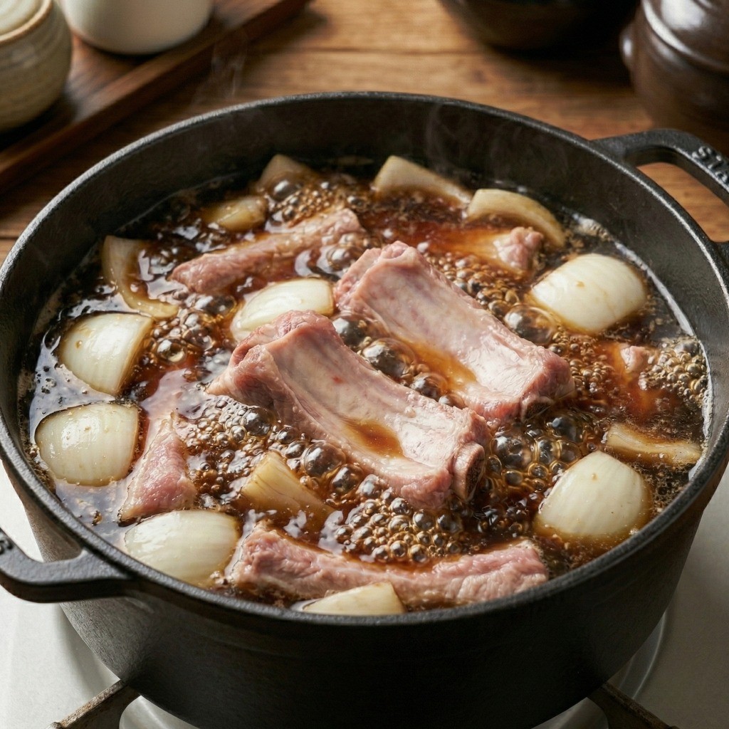 냄비에 데친 돼지갈비와 양념장, 큼직한 양파를 넣고 25분간 푹 끓이는 조리 과정