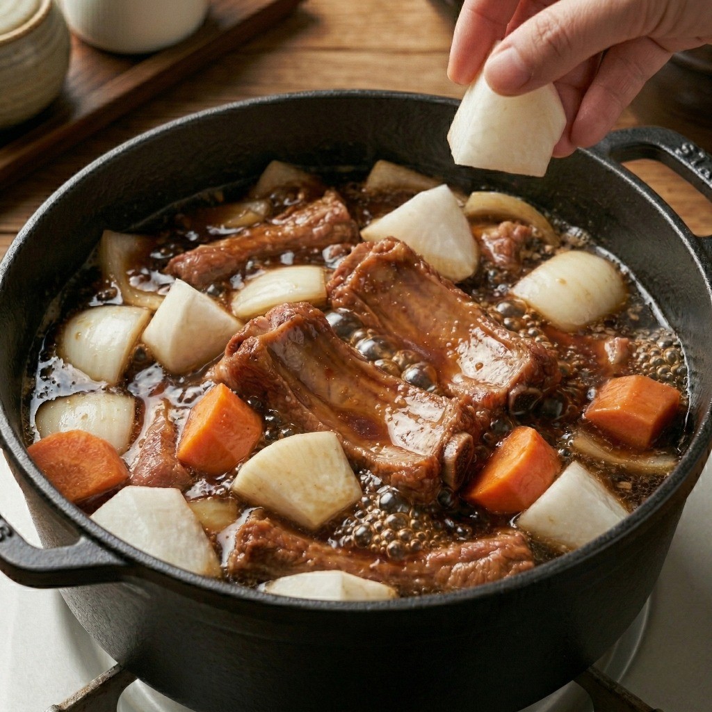 국물이 짜글이처럼 졸아든 돼지갈비찜에 단단한 무와 당근을 추가하여 익히는 모습