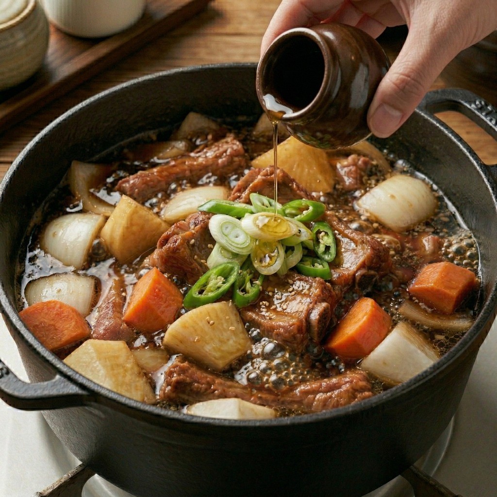 백종원 돼지갈비찜 완성 직전 대파와 청양고추를 얹고 참기름을 두르는 마무리 단계